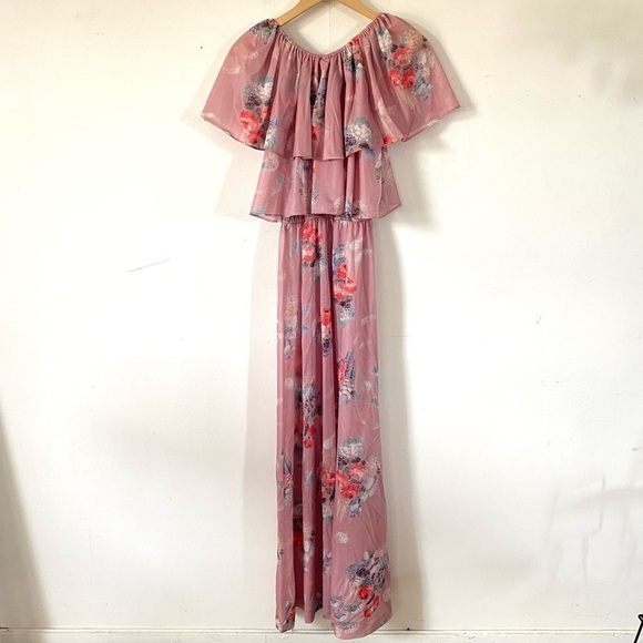 Vintage 70s Tiered Floral Maxi Dress Dusty Rose Pink Flower Child Hippie Boho - Picture 7 of 11
